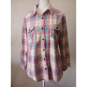 Ochenta Women's Pink Plaid Button-Up Shirt with Chest Pockets Size M/L